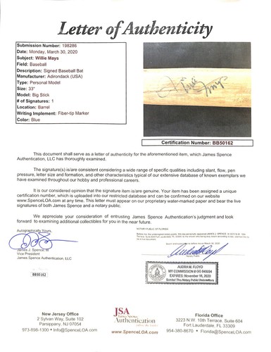 Willie Mays Signed Autographed Vintage Store Model Baseball Bat JSA Letter Rare! - Picture 3 of 7