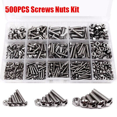 Fulok Easy 500Pcs 304 Stainless Steel Multiple Purpose Hex Socket Bolt and Nut M3/M4/M5 Set Screws 