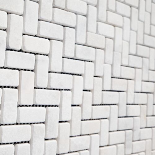 CALACATTA TUMBLED WHITE MARBLE HERRINGBONE Mosaic Wall&Floor Tiles SAMPLE - Picture 1 of 6