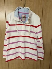 Joules Sweatshirt Womens US 6 White Red  Pink Striped High Neck Button 