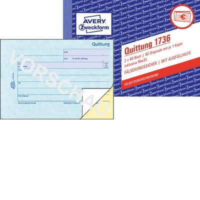 AVERY Zweckform 1736 Quittungsblock (A6 quer, 2x40 Blatt, mit Durchschlag, fälsc