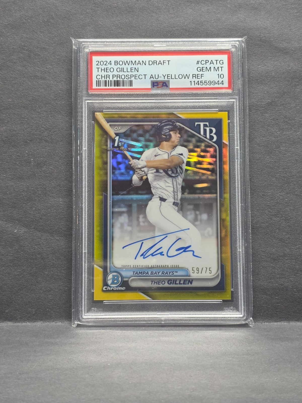 THEO GILLEN - 2024 Bowman Draft - Chrome Yellow 1st Auto /75 #CPA-TG Rays PSA 10