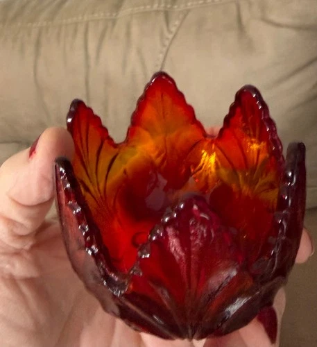 Vintage- Fenton, Red Orange, Lotus Flower, Candle Holder, UV Reactive