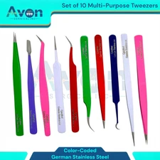Set of 10pcs Multi-Purpose Tweezers for Electronics, Hair Extensions, Crafts