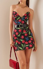 NWT. $1890 Carolina Herrera Cherry-Print Strapless Mini Dress Sz 6 black red 