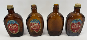 Four DIFFERENT Vintage Commemorative LOG CABIN AMBER SYRUP BOTTLES