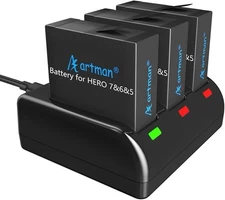 Artman 3-Pack 1480mAh Batteries + 3-Port USB Charger for GoPro Hero 5/6/7 Black