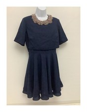 ASOS Navy Blue Embellished Collar Skater Dress Uk 12 Us 8 Prom Wedding Guest