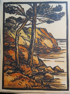 J. MORLOT (XIX-XX) ORIGINAL WOODCUT SEASHORE LANDSCAPE SEA AZURE COAST