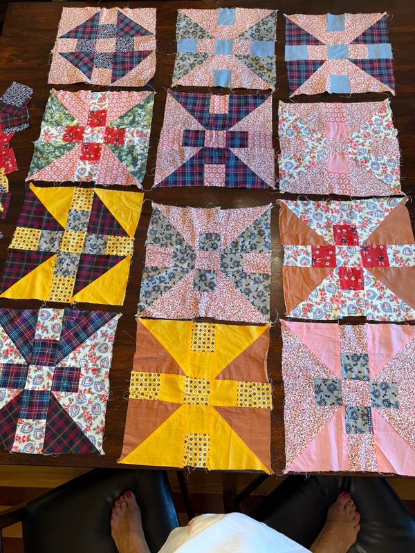 Vintage PINWHEEL QUILT BLOCKS-Cotton Prints-Set Of 12, 13” x 13”-FREE SHIPPING