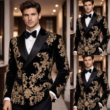 Gold Embroidery Jacket for Men 2Pcs Suits Prom Party Jacket Peak Lapel Coat