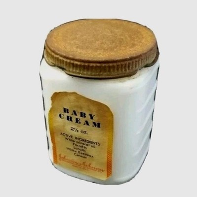 Johnson & Johnson Vintage Baby Cream Milk Glass Jar Metal Cap J & J Paper Label 