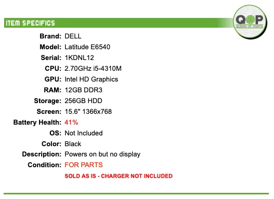 零件:戴尔 Latitude E6540 - 15.6" HD, 2.70GHz i5, 12GB RAM, 256GB HDD — 第 2/4 张图片