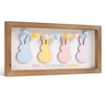 Peeps Easter Decor with Pom Pom Garland and 3D Bunny, 11.8''×6'' Wooden Oh fo