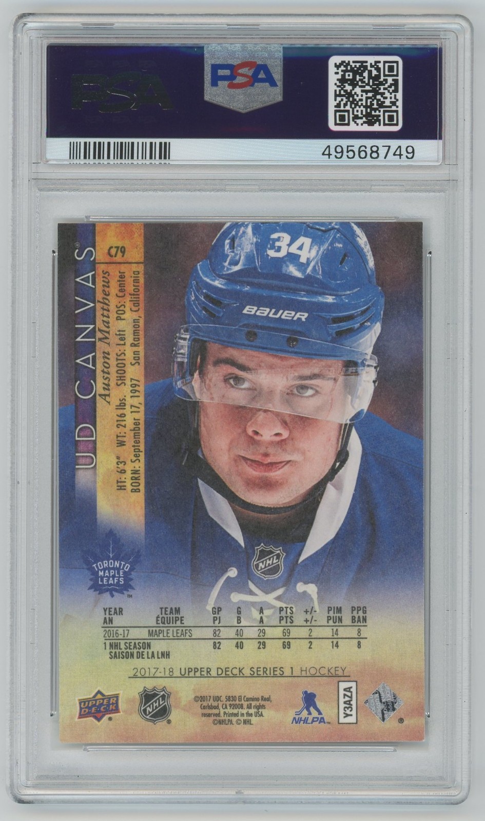 2017 Upper Deck Canvas Auston Matthews #C79 Toronto Maple Leafs PSA 9 Mint view 2