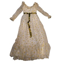 VTG white Yellow Flower Green Ruffle Boho Prairie Maxi Long Sleeve Dress Sm Prop