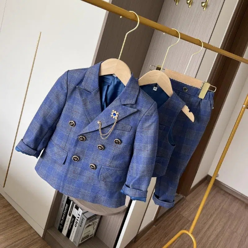 Children's Wedding Performance Party Dress Suit Set Boys Plaid Blazer Vest Pants - Picture 18 of 25