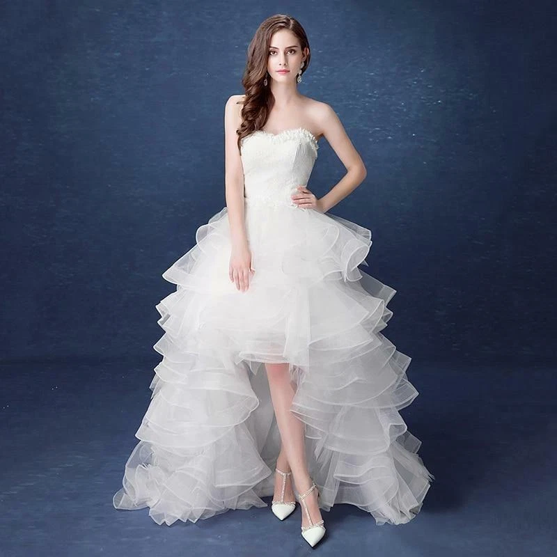 New Front Short Long Back Strapless Wedding Dress Sweet Bride Dress With  Train