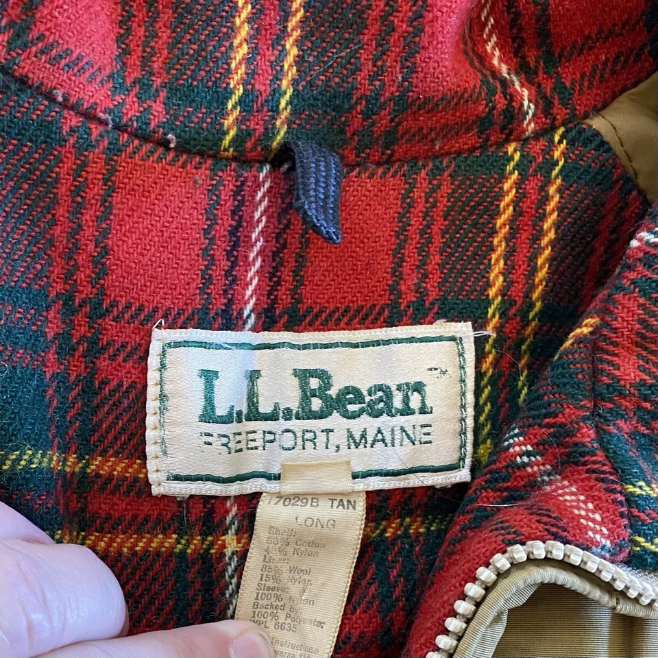 LL Bean Coat Jacket Men's Tan Sz L Long Wool Plaid Lining Barn Chore Vintage - Image 4 of 4