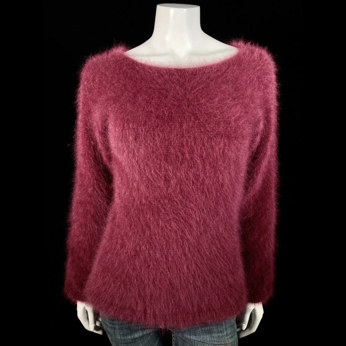 100 Angora Fuzzy Hand Knit NWT Plum Drop Sleeve Pullover Sweater