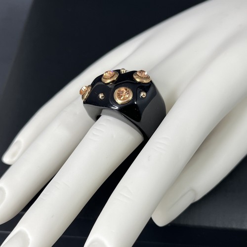 Chunky Lucite Ring Black Gold Studded Crystal Rhinestone 7.5 Runway Statement - Picture 2 of 11