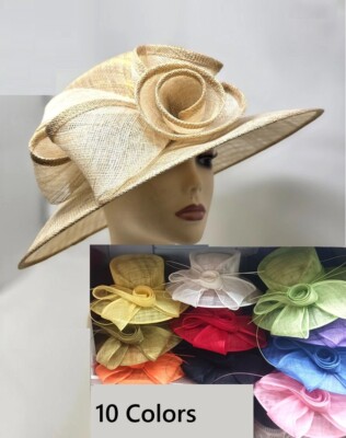 Sinamy Womens Derby Church Boater Hat One Size Beige Black Trim Flower wide brim Wide Brim Derbyfloppy Sinamay Hat With Flowers Millinery  main image 4