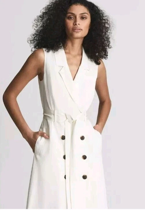 OFF WHITE ABITO MIDI NUOVO CON ETICHETTE REISS OFF BIANCO MISTO LINO DOPPIOPETTO CON CINTURA TAGLIA UK 4