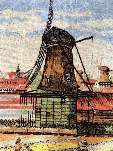 Vintage Sweden Belgium Velvet Windmill Farm Workers Wall Hang Rug Tassels - Picture 7 of 8