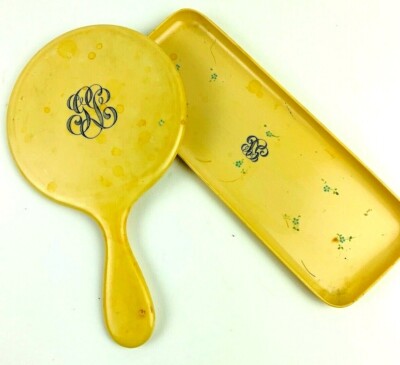 Ivory Pyralin Du Barry Vanity Mirror and Tray Monogramed 1920s Bakelit Celluloid