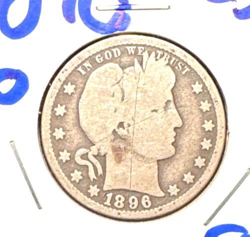 1896-O barber quarter G light scratch obv