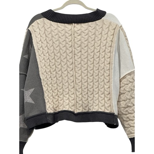 POL V-Neck Button Chunky Cardigan Sweater Star Print Long Sleeve Boxy Sz M - Picture 5 of 12