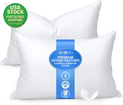 Queen Size Feather Pillows Set of 2 Goose down Cotton Cover Soft Support