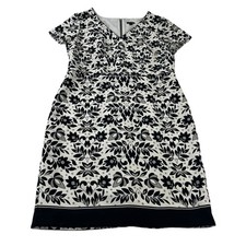 Ann Taylor A-Line Dress Women’s 14 White Black Print Short Sleeve V-Neck Lined