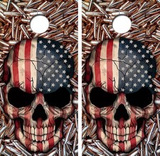 American Skull Brass Bullets Style Cornhole Board Decal Wrap FREE SQUEEGEE