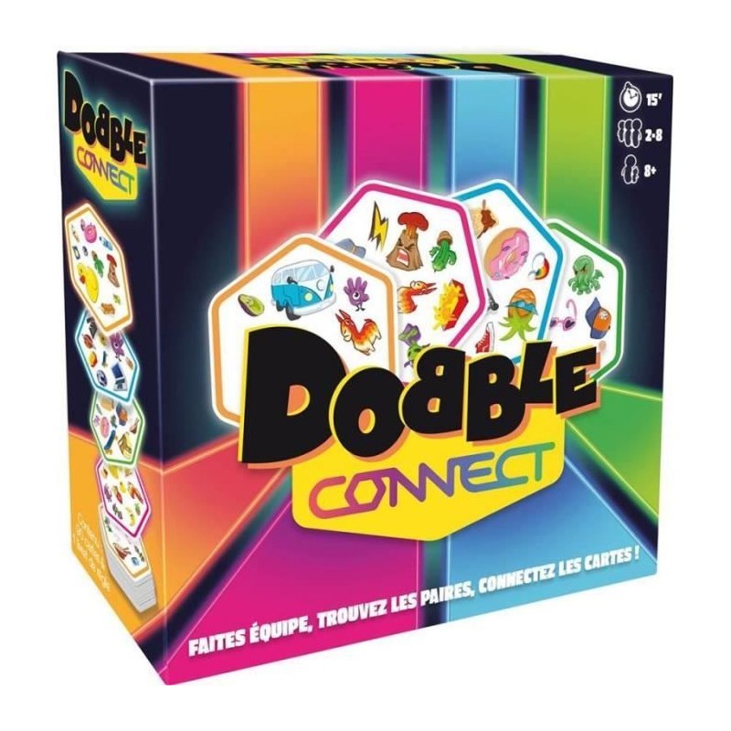 Dobble Connect Zygomatic avec cartes hexagonales et alignement par équipe de 2 à 8 joueurs