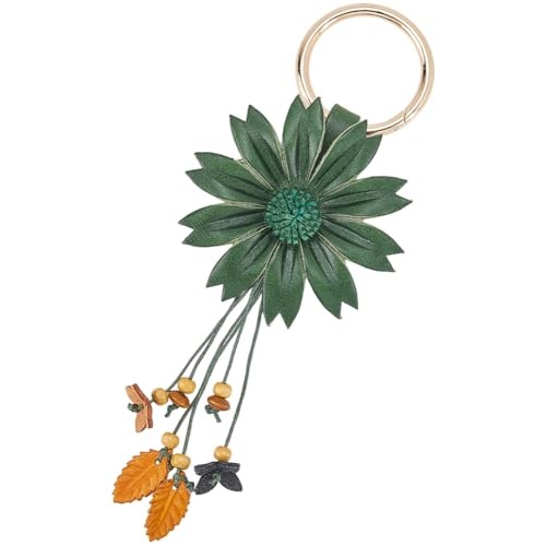 Genuine Leather Flower Keychain Bag Charm Daisy Boho Aesthetics Dark Green