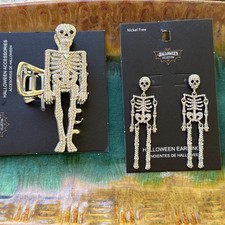 Halloween Skeleton Hair clip With Matching Dangle Earrings Rhinestone