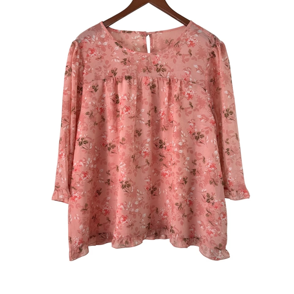 Allegra K Floral Print Tunic Top Womens XL Pink 3/4 Sleeve Ruffle Hem Blouse - Image 2 of 4