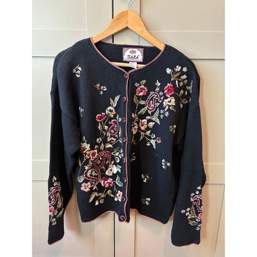 Vintage Grannycore Floral Knit Paisley Embroidered Cardigan Sweater Black M