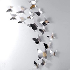 48 Pieces Butterfly Wall Decor DIY 3D Mirror Butterfly Stickers Silver