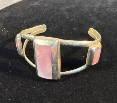 Vintage Mexico Modernist Cuff Braclet Pink Stones &  Silver Tone  Split Shank