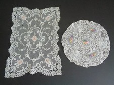 Vintage Lace Doily With Needlepoint Center Floral Ivory 2 Pieces