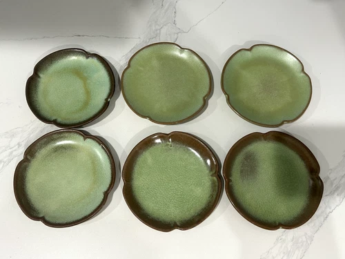 SET 6 FRANKOMA Pottery Prairie Green 5E Salad Dessert Plates PLAINSMAN 5.75" Vtg