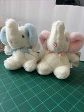 VINTAGE EDEN SQUEAKY ELEPHANT PLUSH TOY STUFFED ANIMAL SET WITH TAG BLUE PINK