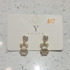 YOUER Gold Tone Teddy Bear Dangle Earrings with Crystal Rhinestones Pearl