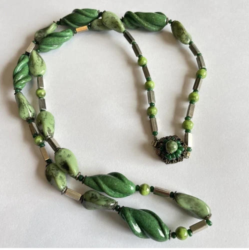 Miriam Haskell Jade Green Stones Necklace Silver Tone Vintage