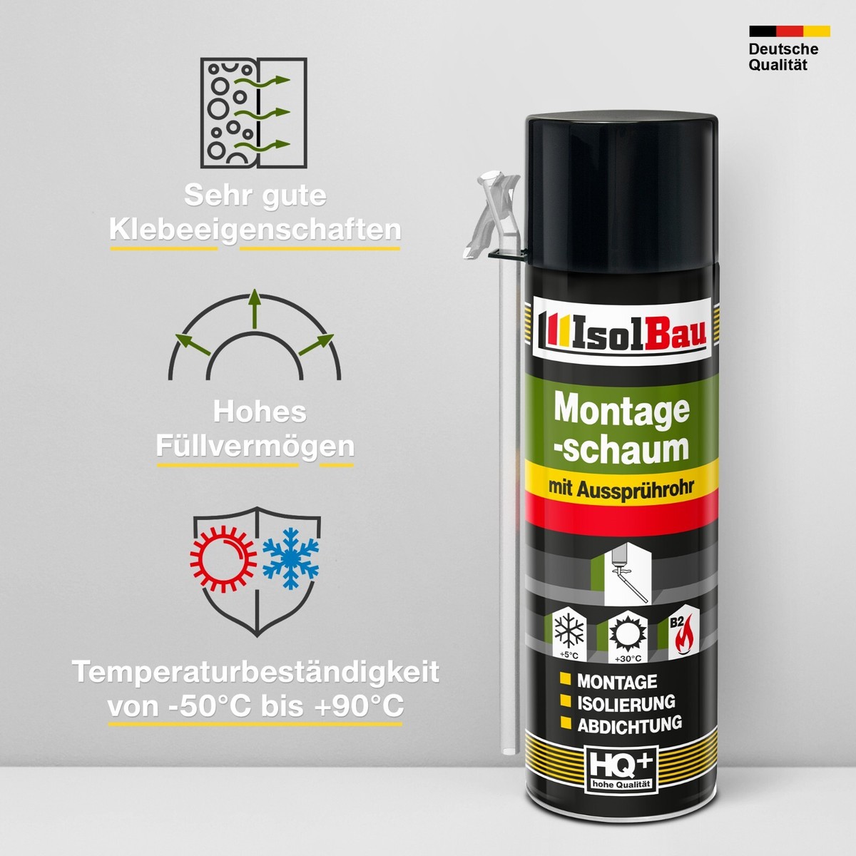 Isolbau Bauschaum-Set - Inkl. 2 x 1K Montageschaum B2 Pistolenschaum mit hervorragender Schall und Wärmedämmung (je 750 ml), 2 x PU-Schaum-Reiniger (500 ml) & 1 x Schaumpistole, Dämmen