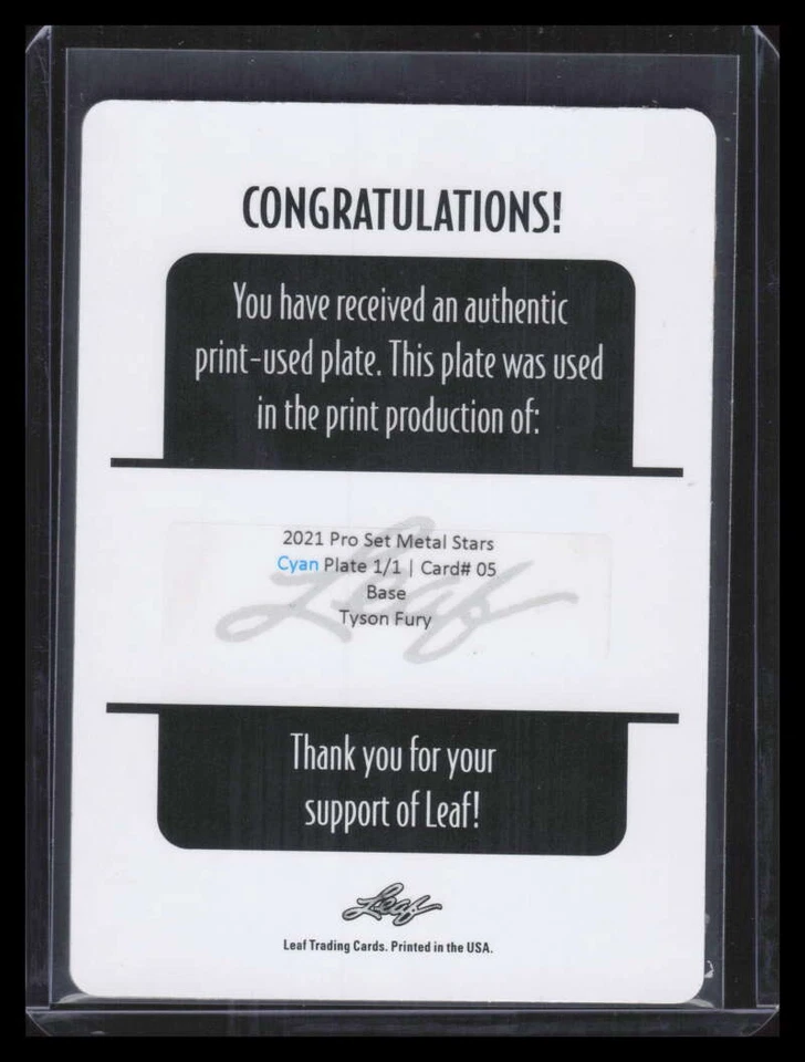 2021 Leaf Pro Set Metal Stars Printing Plate Cyan 05 Tyson Fury 1/1 - Image 2 of 2