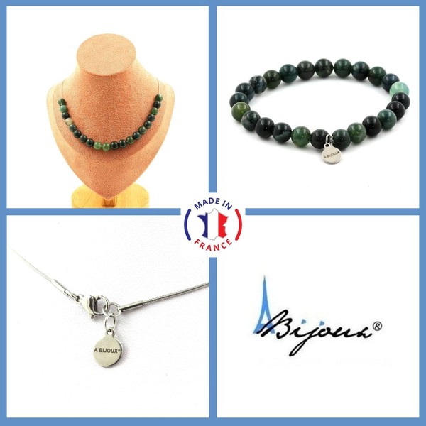 Schmuckset Armband Halskette 20 Perlen Achat Moos 8 Mm. Kette In GrößE Pe-image