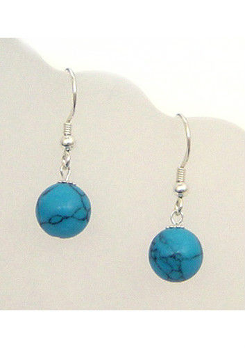 Blue turquoise bead -10mm sterling silver drop earrings EAR340003 - Picture 1 of 1